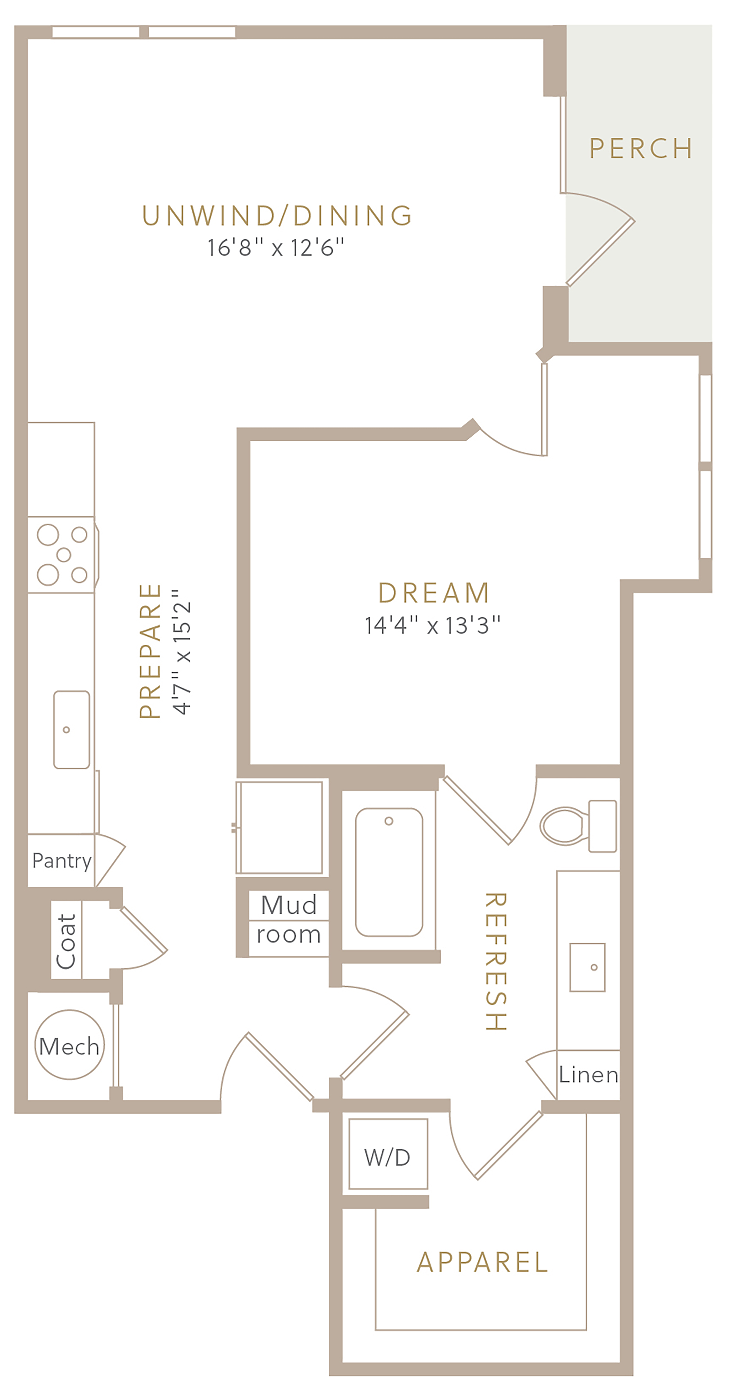 Floor plan for 1 bed, 1 bath, 777 sqft